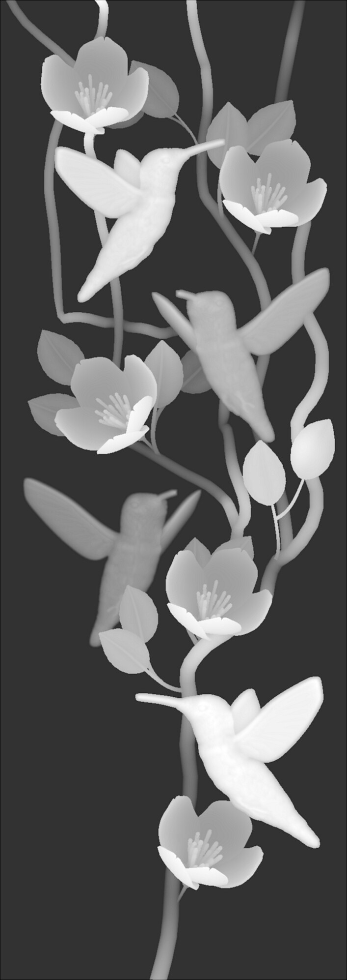 Grayscale Depth Map of Hummingbirds and Flowers